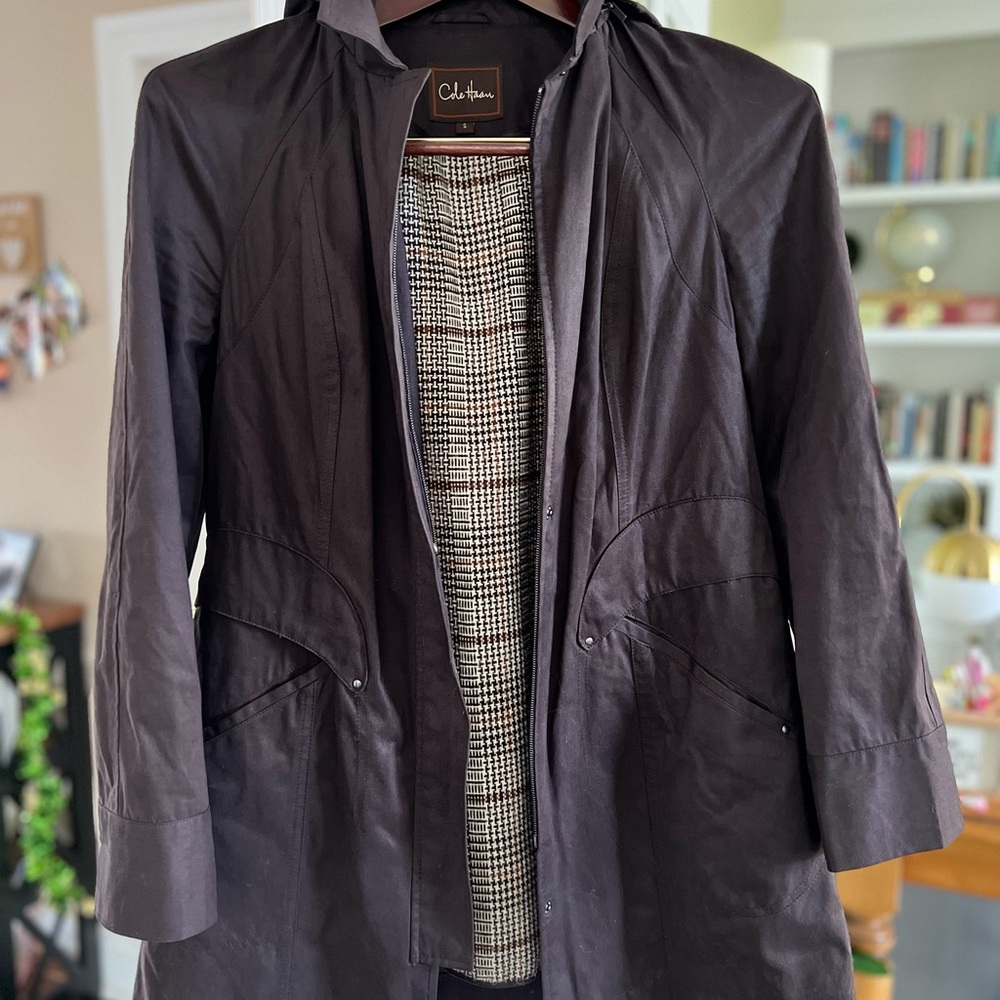 Women’s Cole Haan Black Trench Coat with Lightweight Design and Hood